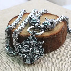 Stainless Steel Dual Wolves/ Odin Guardian Pendant Necklace