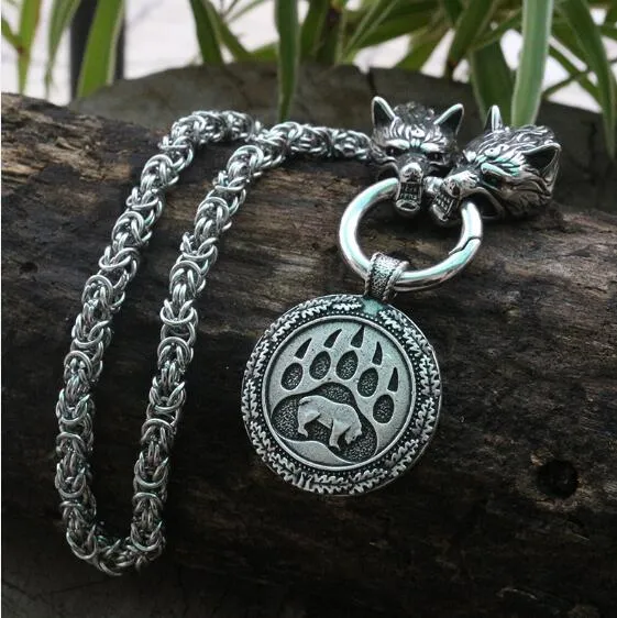 Stainless Steel Dual Wolves/ Odin Guardian Pendant Necklace