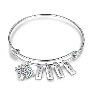 Stainless Steel Personalized Engraved Name Tags Bracelet with Family Tree Custom 4 Birthstone Tree of Life Bangles for Women