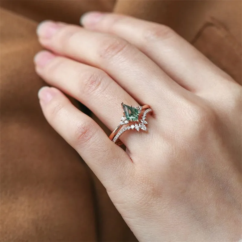 Sterling Silver 10K 14K 18K Gold Kite Cut Gemstone Wedding Ring Set