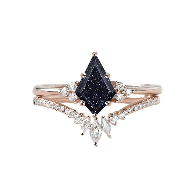 Sterling Silver 10K 14K 18K Gold Kite Cut Gemstone Wedding Ring Set