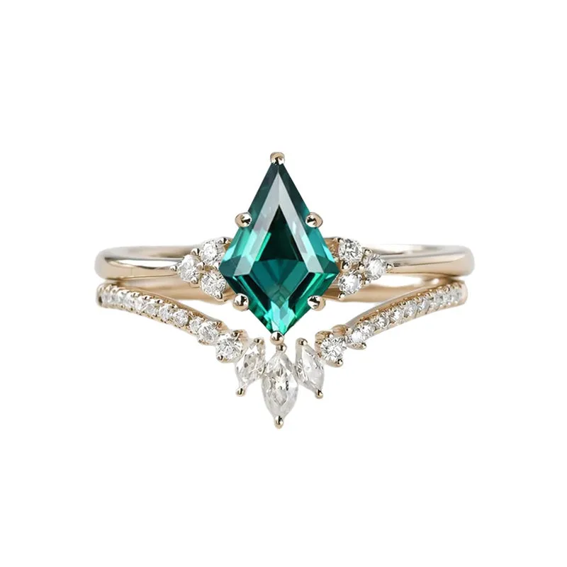 Sterling Silver 10K 14K 18K Gold Kite Cut Gemstone Wedding Ring Set