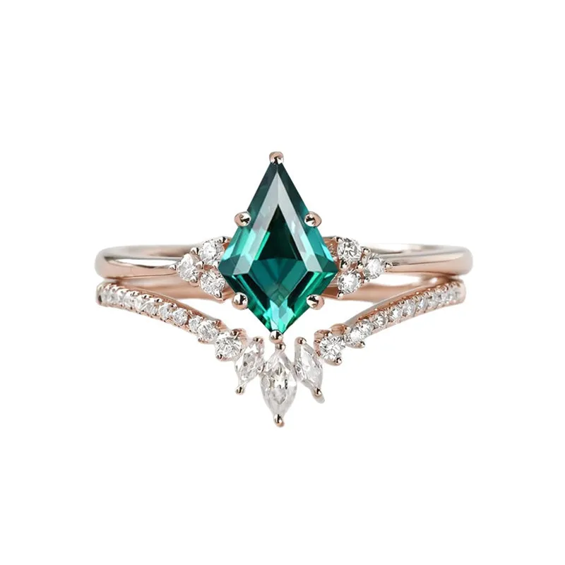Sterling Silver 10K 14K 18K Gold Kite Cut Gemstone Wedding Ring Set