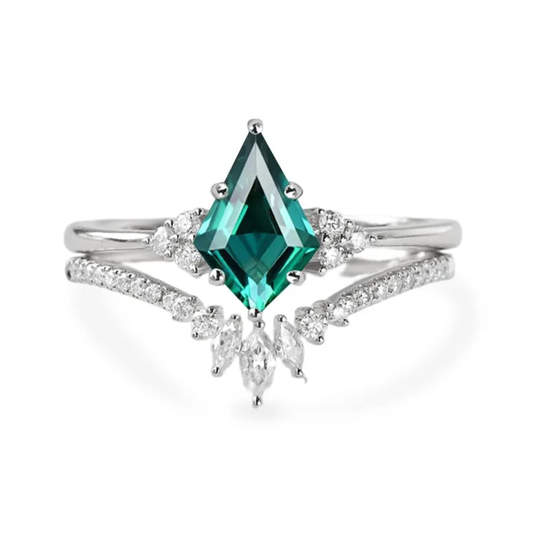 Sterling Silver 10K 14K 18K Gold Kite Cut Gemstone Wedding Ring Set