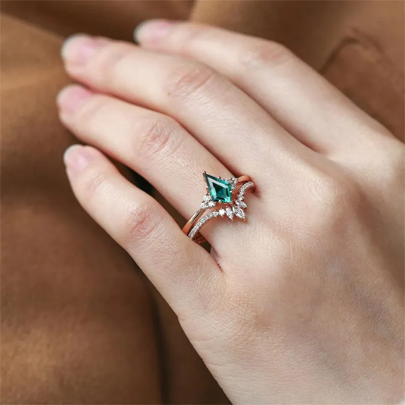 Sterling Silver 10K 14K 18K Gold Kite Cut Gemstone Wedding Ring Set