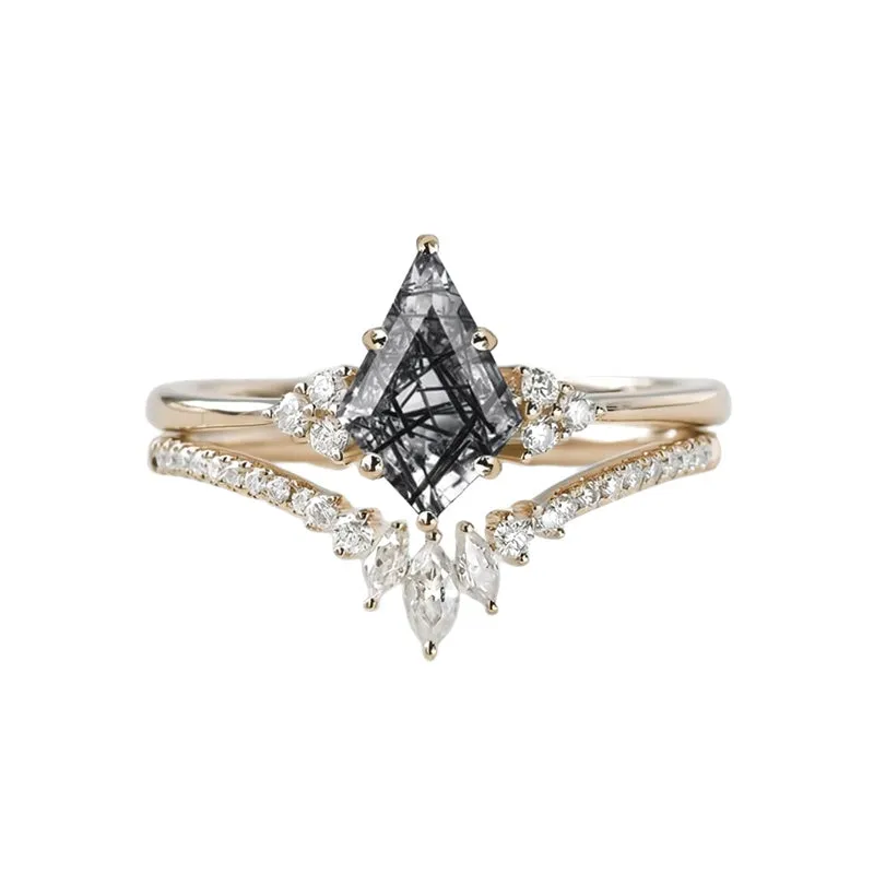 Sterling Silver 10K 14K 18K Gold Kite Cut Gemstone Wedding Ring Set