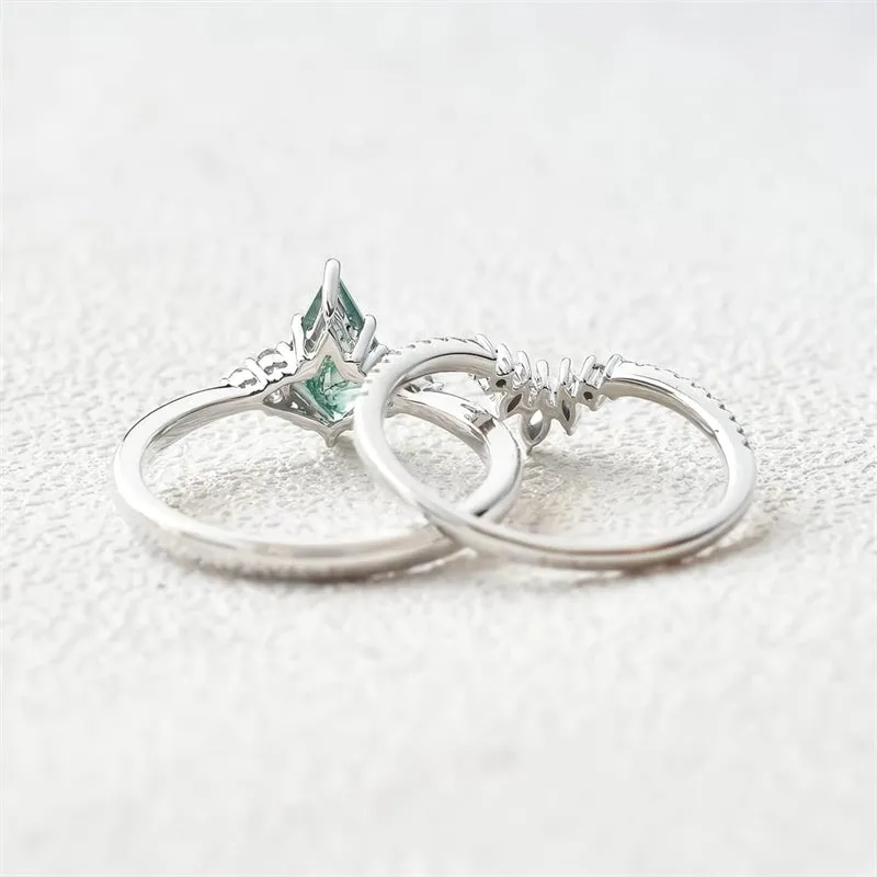 Sterling Silver 10K 14K 18K Gold Kite Cut Gemstone Wedding Ring Set
