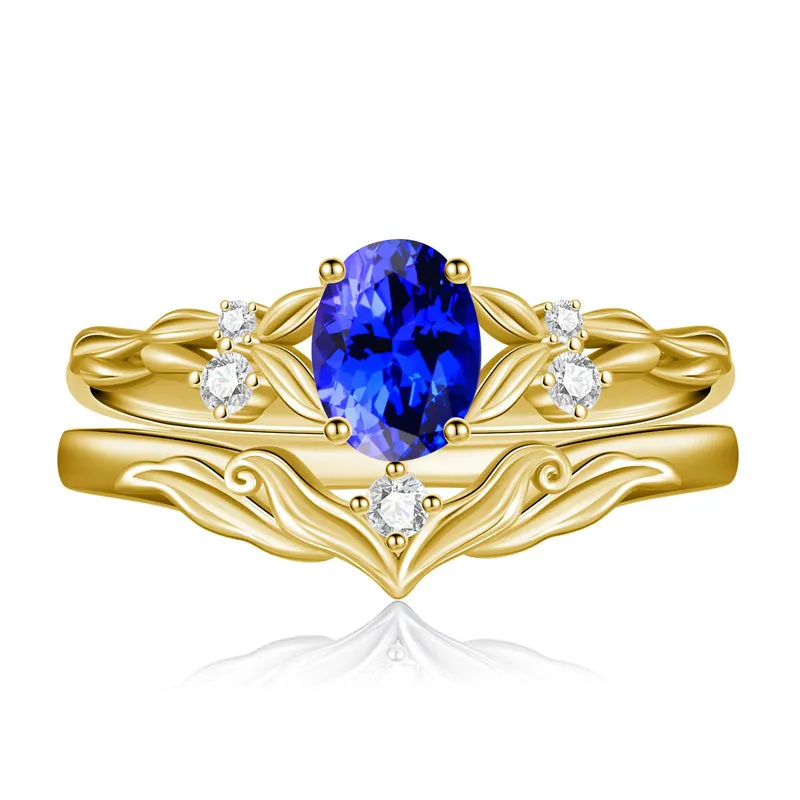 Sterling Silver 10K 14K 18K Gold  Oval Cut Unique Vine Gemstone Wedding Ring Set