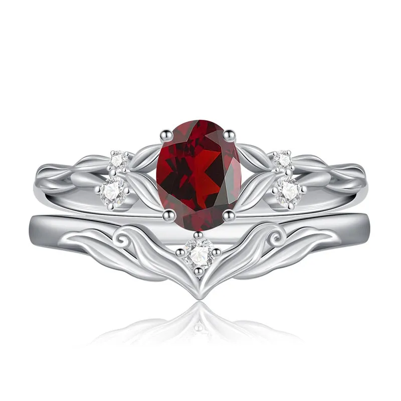 Sterling Silver 10K 14K 18K Gold  Oval Cut Unique Vine Gemstone Wedding Ring Set