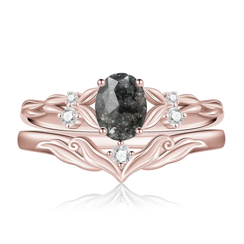 Sterling Silver 10K 14K 18K Gold  Oval Cut Unique Vine Gemstone Wedding Ring Set