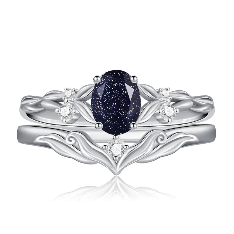 Sterling Silver 10K 14K 18K Gold  Oval Cut Unique Vine Gemstone Wedding Ring Set