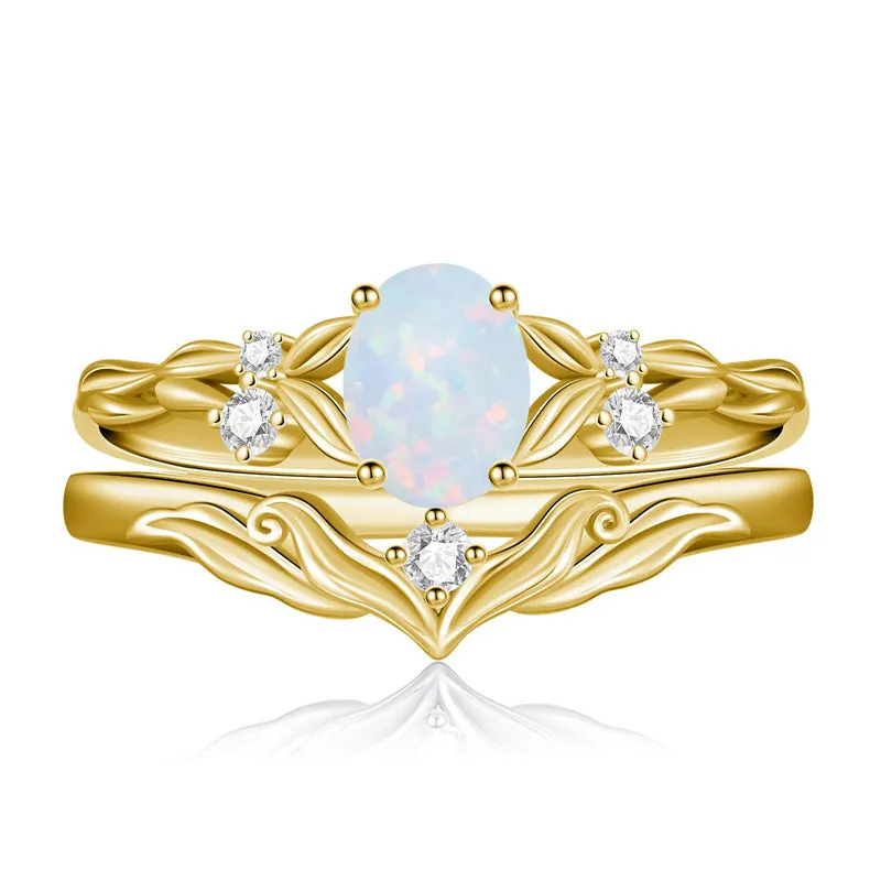 Sterling Silver 10K 14K 18K Gold  Oval Cut Unique Vine Gemstone Wedding Ring Set
