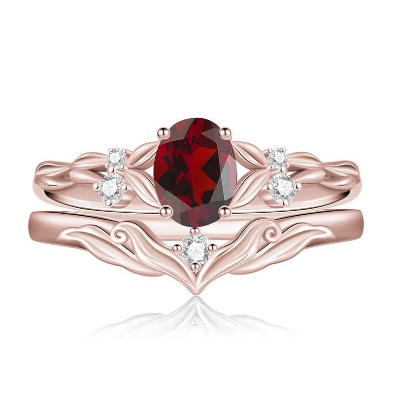 Sterling Silver 10K 14K 18K Gold  Oval Cut Unique Vine Gemstone Wedding Ring Set