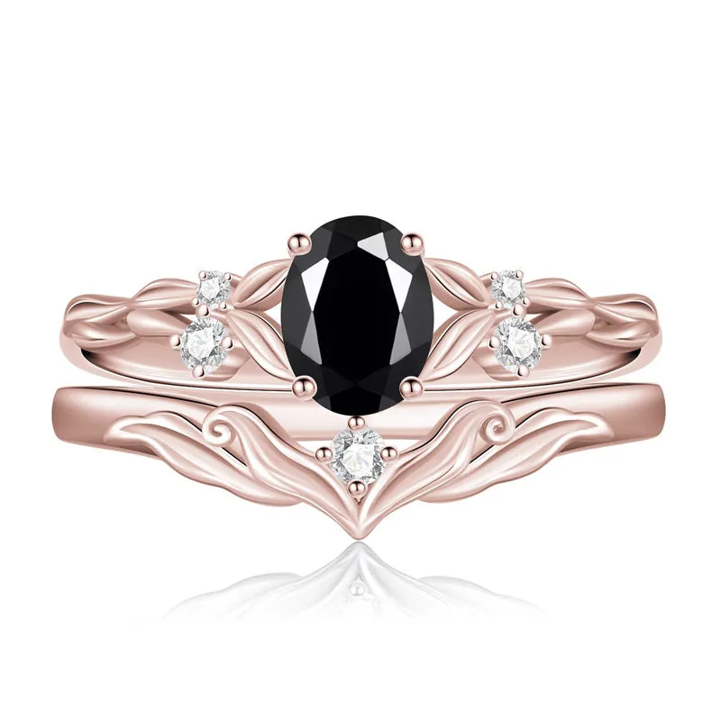 Sterling Silver 10K 14K 18K Gold  Oval Cut Unique Vine Gemstone Wedding Ring Set
