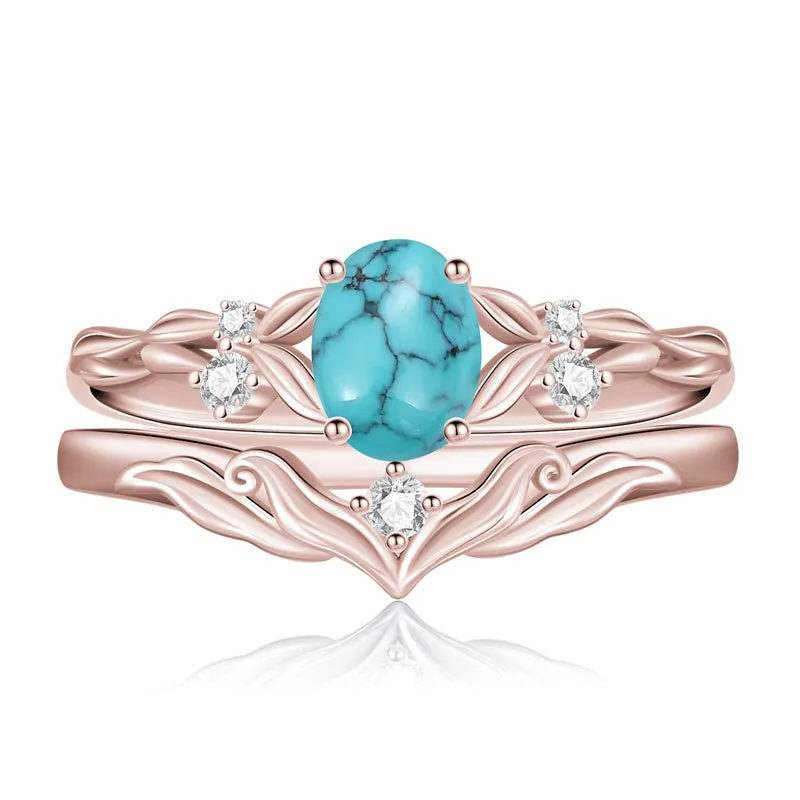 Sterling Silver 10K 14K 18K Gold  Oval Cut Unique Vine Gemstone Wedding Ring Set