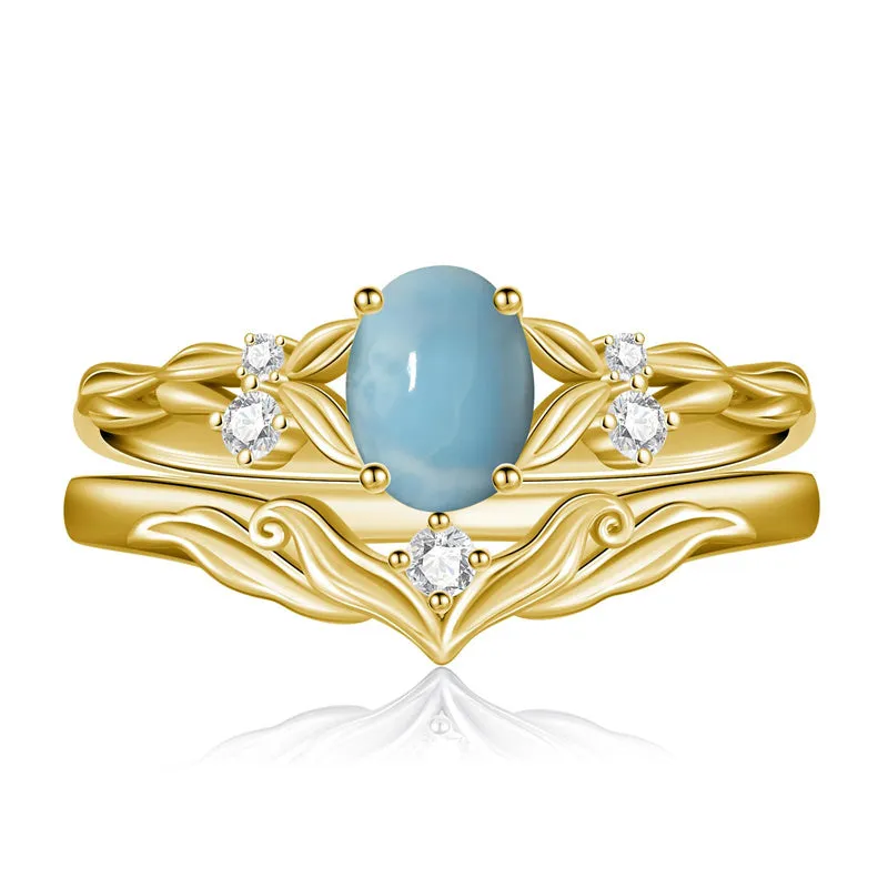 Sterling Silver 10K 14K 18K Gold  Oval Cut Unique Vine Gemstone Wedding Ring Set