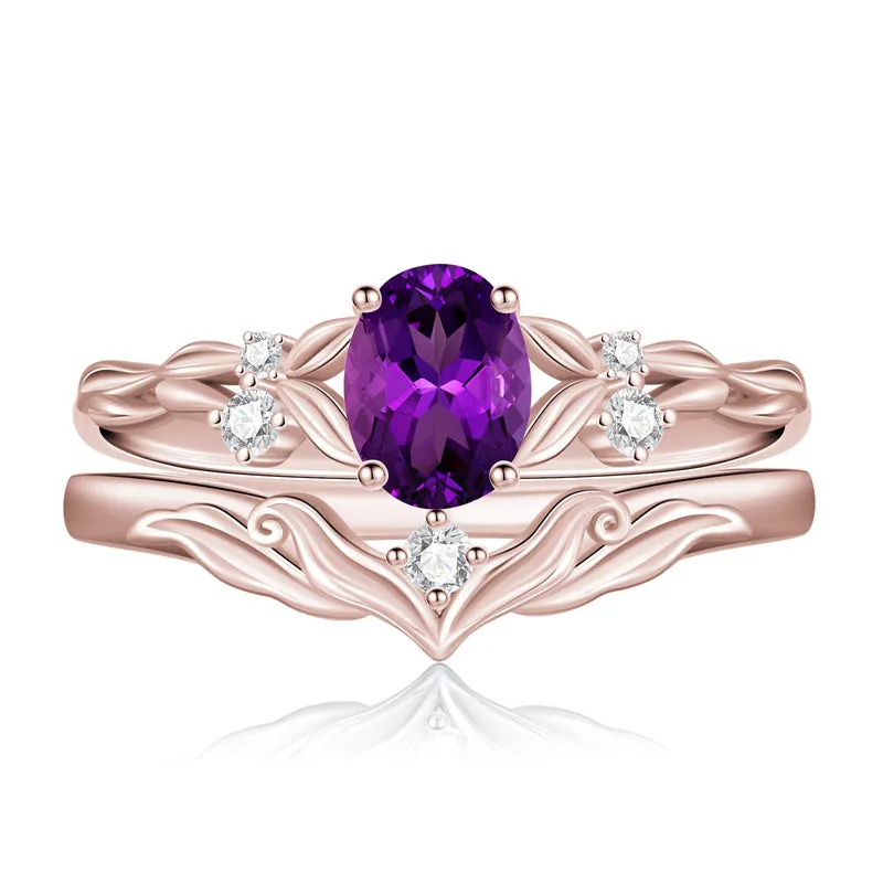 Sterling Silver 10K 14K 18K Gold  Oval Cut Unique Vine Gemstone Wedding Ring Set