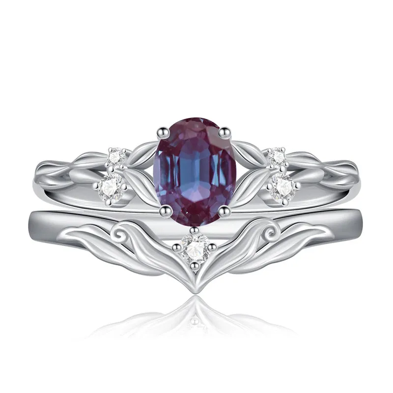 Sterling Silver 10K 14K 18K Gold  Oval Cut Unique Vine Gemstone Wedding Ring Set
