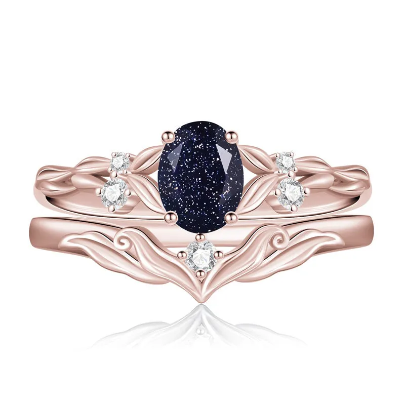 Sterling Silver 10K 14K 18K Gold  Oval Cut Unique Vine Gemstone Wedding Ring Set