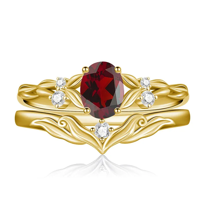 Sterling Silver 10K 14K 18K Gold  Oval Cut Unique Vine Gemstone Wedding Ring Set