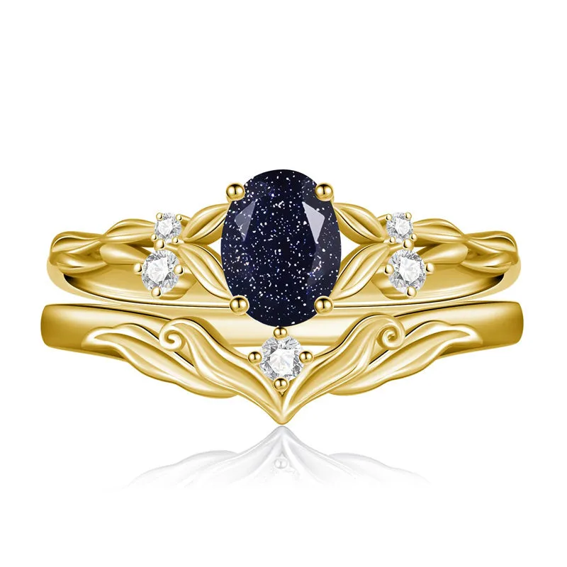 Sterling Silver 10K 14K 18K Gold  Oval Cut Unique Vine Gemstone Wedding Ring Set