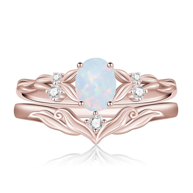Sterling Silver 10K 14K 18K Gold  Oval Cut Unique Vine Gemstone Wedding Ring Set