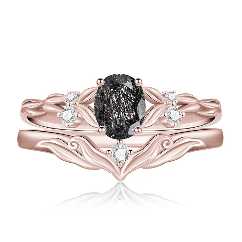 Sterling Silver 10K 14K 18K Gold  Oval Cut Unique Vine Gemstone Wedding Ring Set