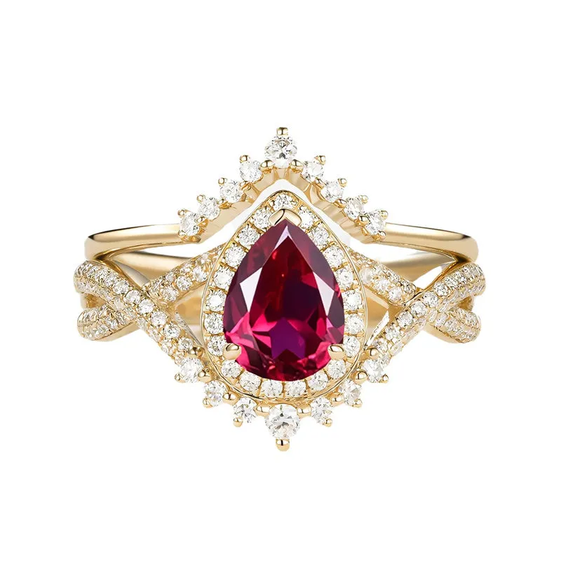 Sterling Silver 10K 14K 18K Gold  Pear Shaped Gemstone Engagement Rings Set
