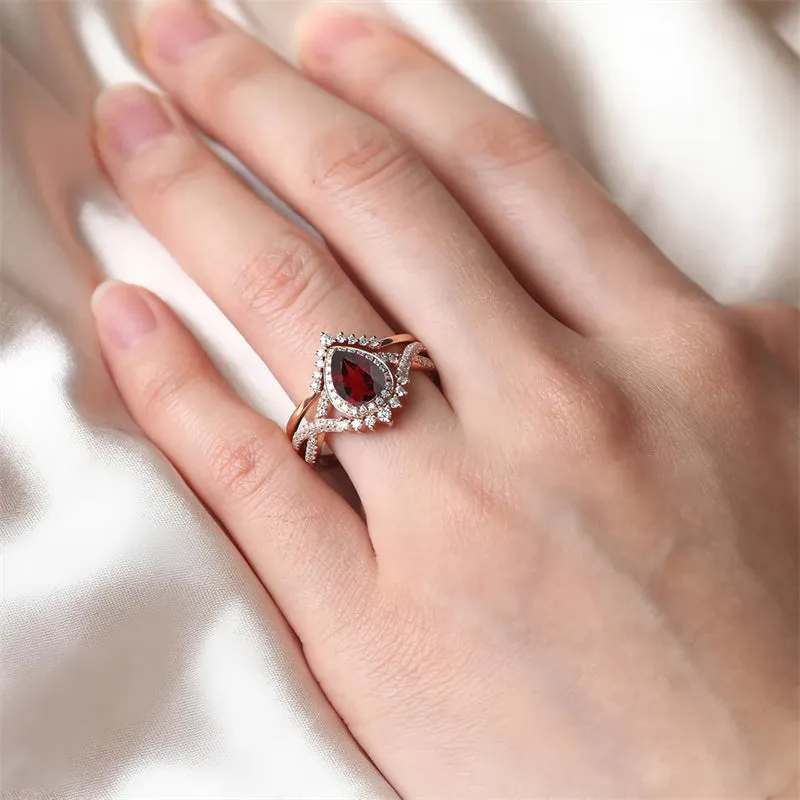 Sterling Silver 10K 14K 18K Gold  Pear Shaped Gemstone Engagement Rings Set