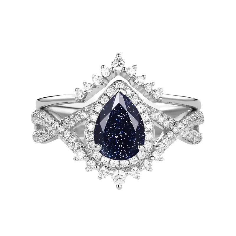Sterling Silver 10K 14K 18K Gold  Pear Shaped Gemstone Engagement Rings Set