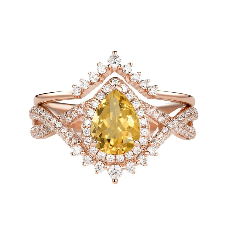 Sterling Silver 10K 14K 18K Gold  Pear Shaped Gemstone Engagement Rings Set