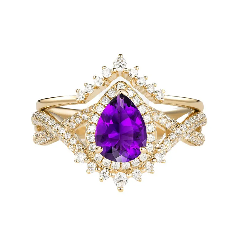 Sterling Silver 10K 14K 18K Gold  Pear Shaped Gemstone Engagement Rings Set