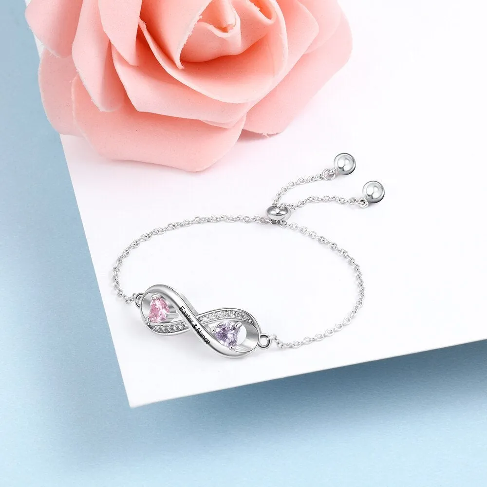 Sterling Silver Bracelet | Personalized Engraved Name Infinity Bracelet with 2 Birthstones | Custom Zirconia Adjustable Chain Bracelets