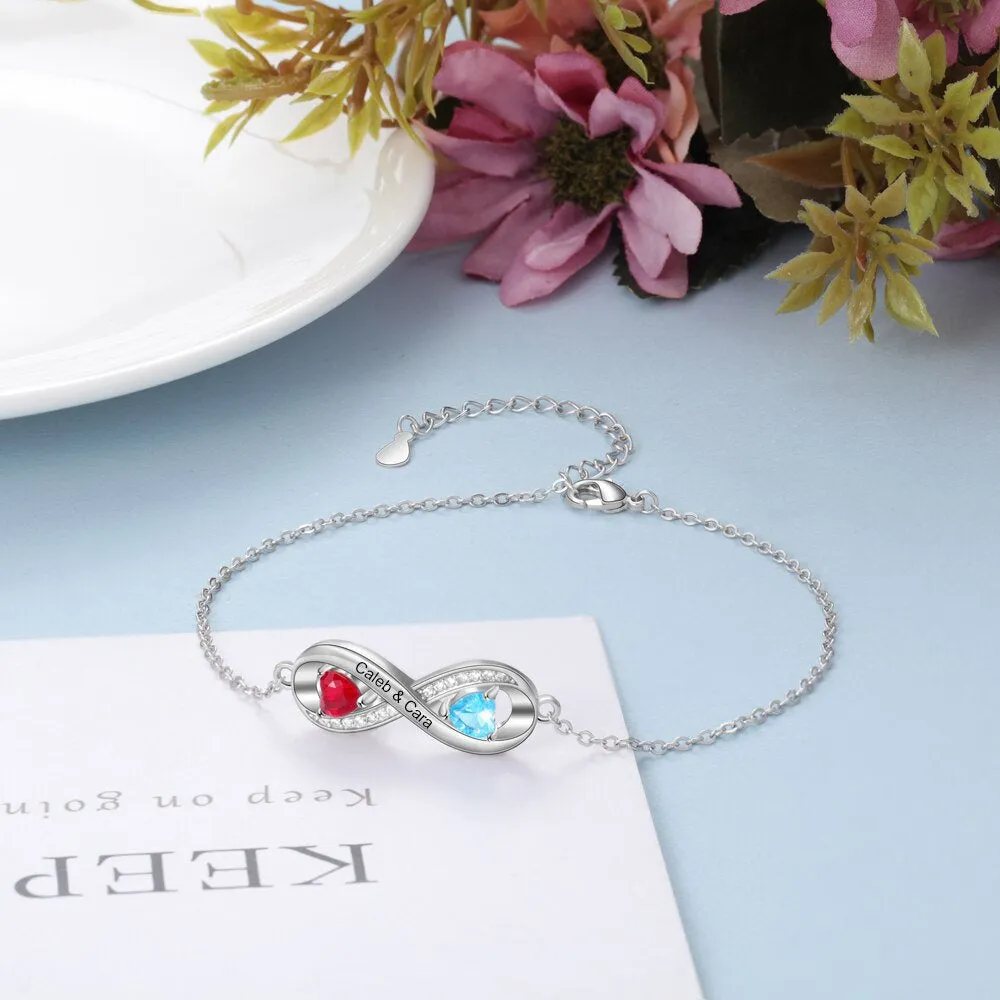 Sterling Silver Bracelet | Personalized Engraved Name Infinity Bracelet with 2 Birthstones | Custom Zirconia Adjustable Chain Bracelets