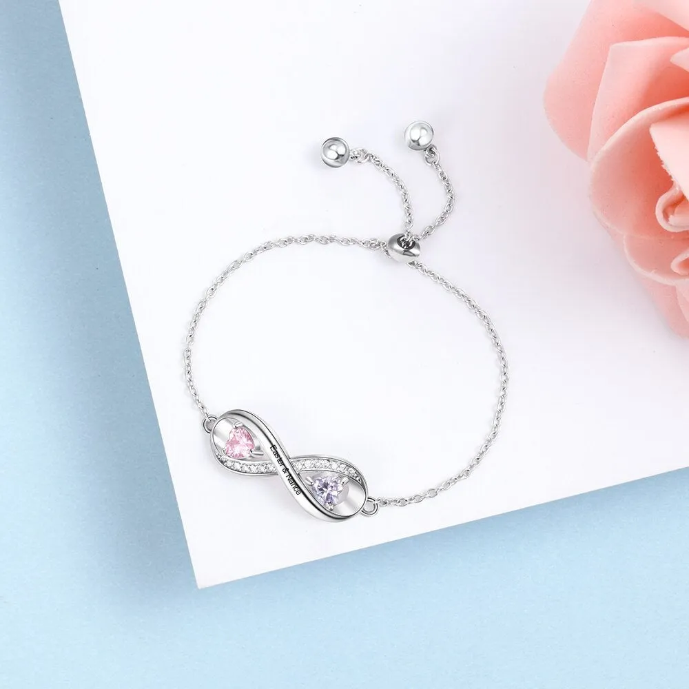 Sterling Silver Bracelet | Personalized Engraved Name Infinity Bracelet with 2 Birthstones | Custom Zirconia Adjustable Chain Bracelets
