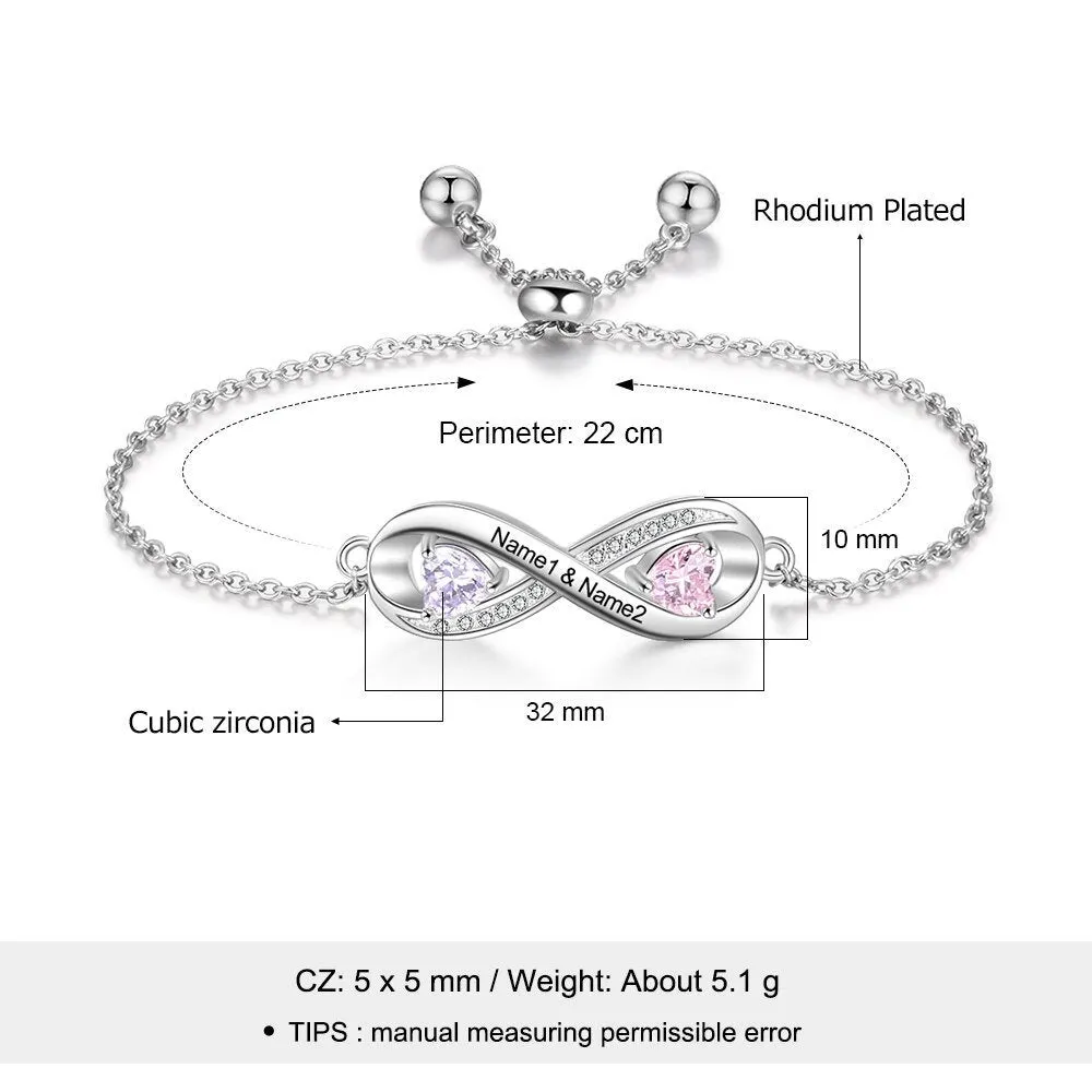 Sterling Silver Bracelet | Personalized Engraved Name Infinity Bracelet with 2 Birthstones | Custom Zirconia Adjustable Chain Bracelets