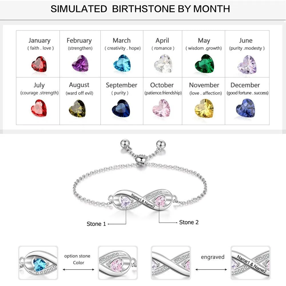 Sterling Silver Bracelet | Personalized Engraved Name Infinity Bracelet with 2 Birthstones | Custom Zirconia Adjustable Chain Bracelets