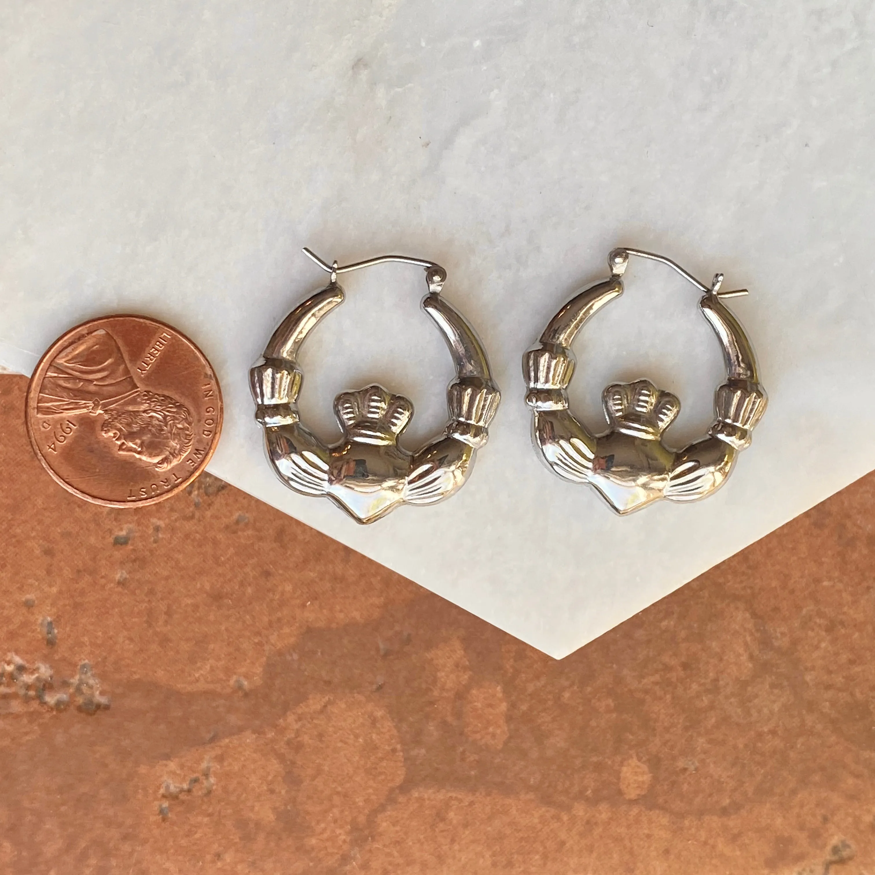 Sterling Silver Celtic Claddagh Hollow Medium Hoop Earrings
