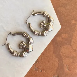 Sterling Silver Celtic Claddagh Hollow Medium Hoop Earrings