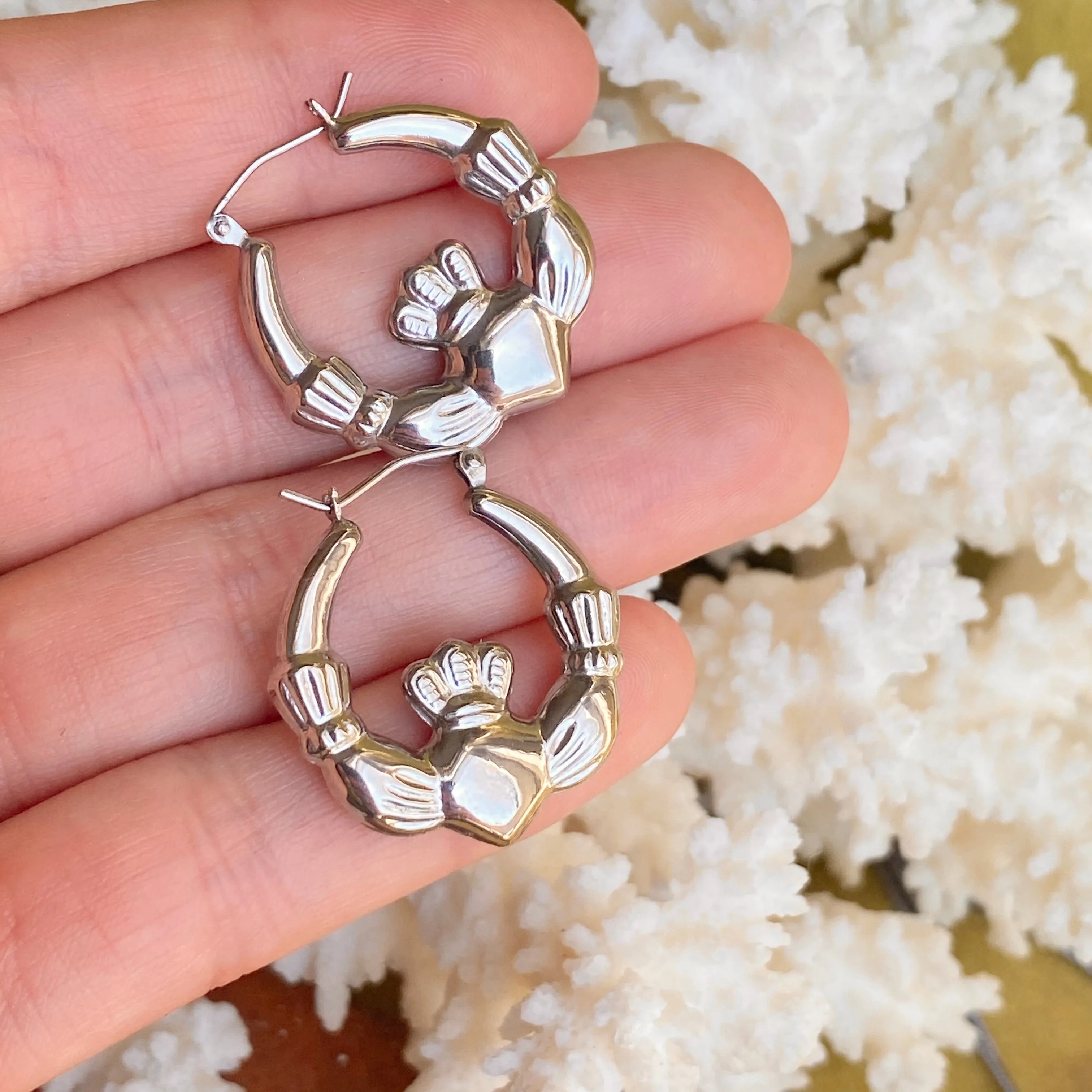 Sterling Silver Celtic Claddagh Hollow Medium Hoop Earrings