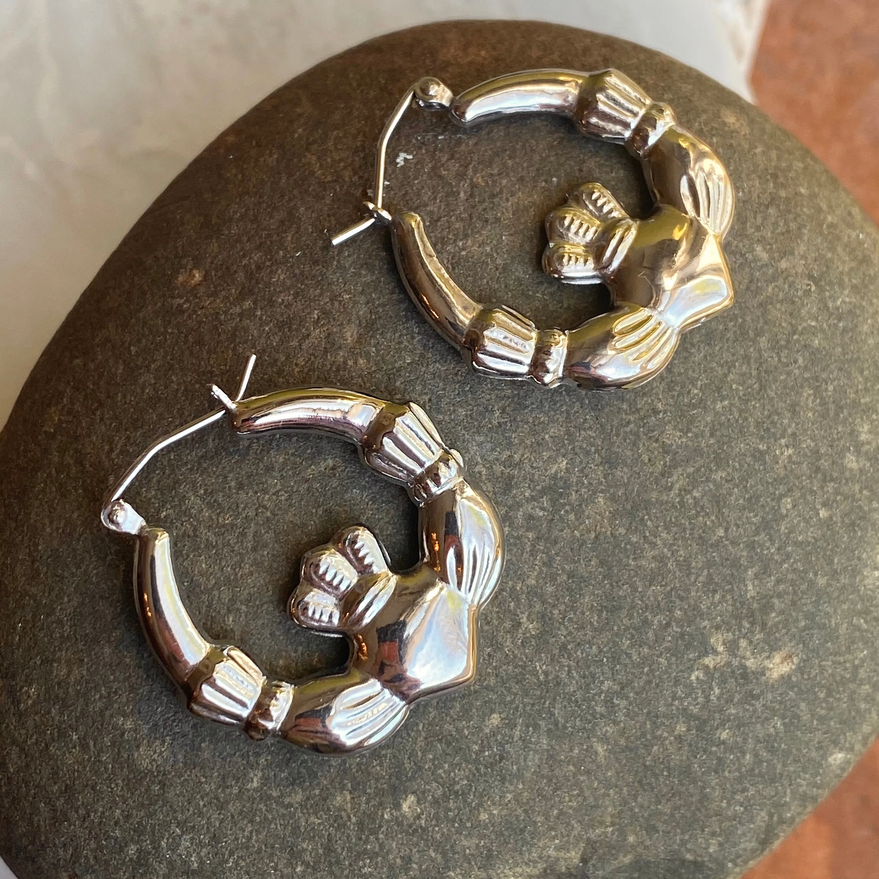 Sterling Silver Celtic Claddagh Hollow Medium Hoop Earrings