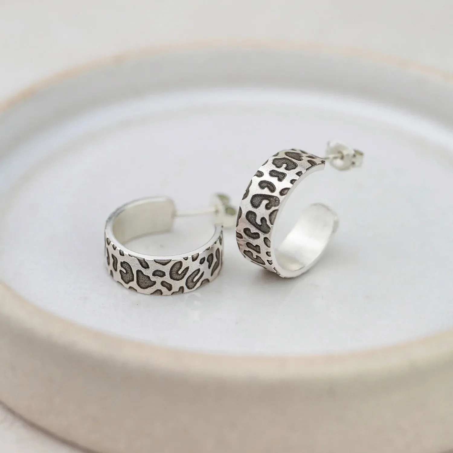 Sterling Silver Leopard Print Textured Hoops