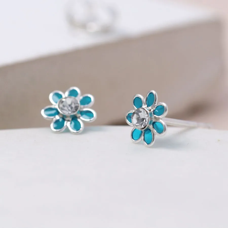 Sterling Silver Teal Flower Studs