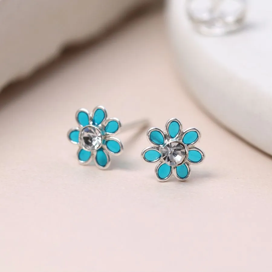 Sterling Silver Teal Flower Studs