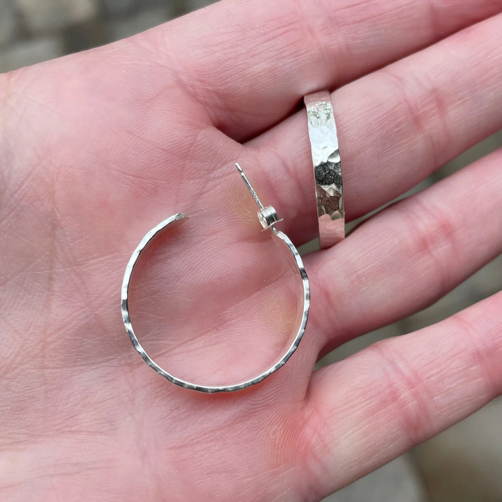 Sterling Silver Wide 1 1/4" Hammered Hoop Earrings