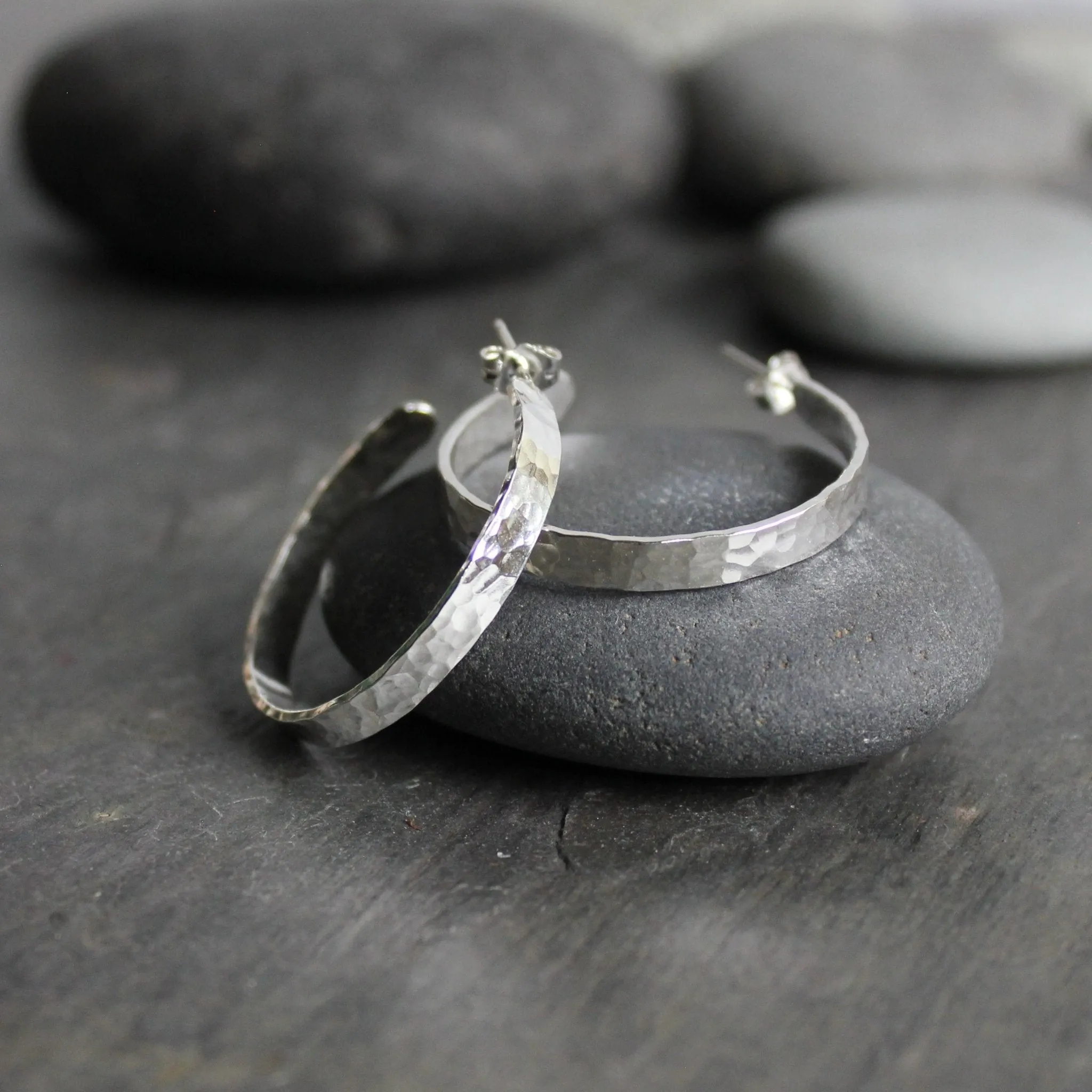 Sterling Silver Wide 1 1/4" Hammered Hoop Earrings