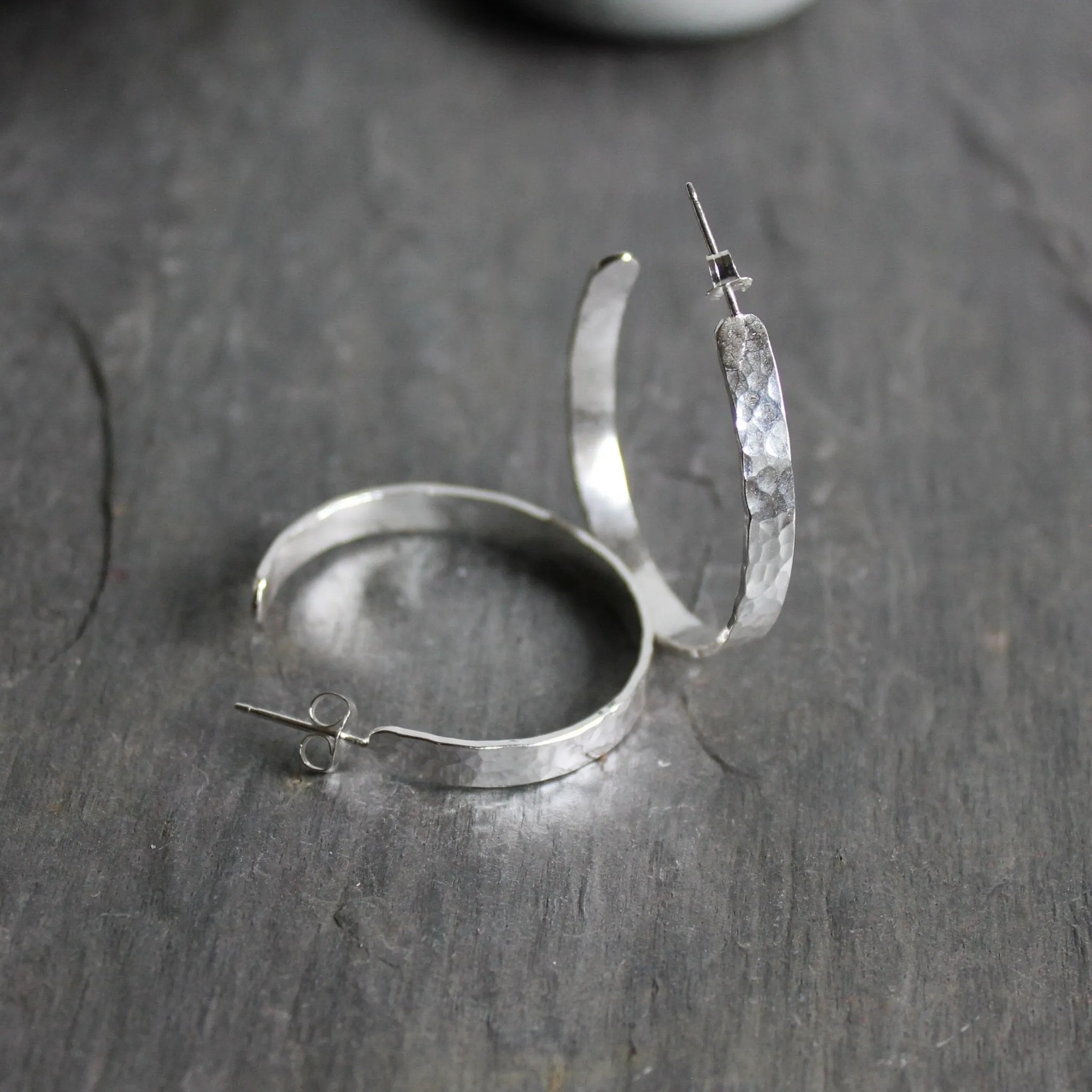 Sterling Silver Wide 1 1/4" Hammered Hoop Earrings