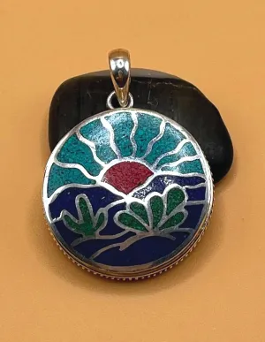 Sterling Sliver Tibetan Gemstone Half Sun Pendent