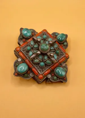 Sterling Sliver Tibetan Turquoise and Coral Ghau Box Pendent
