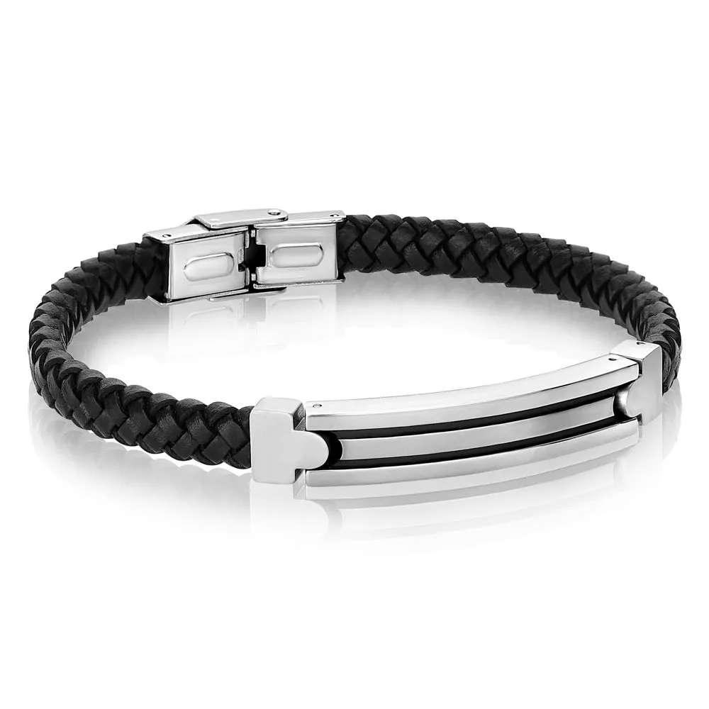 Striped ID-Plate Leather Bracelet